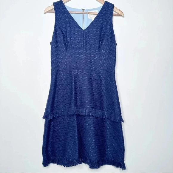 Sail to Sable Navy Tweed Fringed Tiered Sleeveless V-Neck Dress Size 4 - Picture 2 of 10